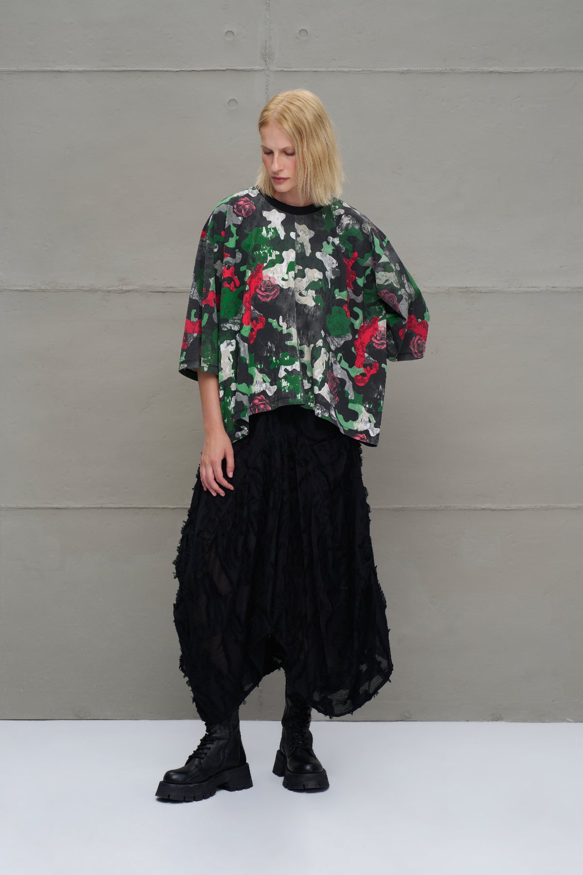 Camo Kamuflaj Desenli Asimetrik Oversize T-Shirt 18029