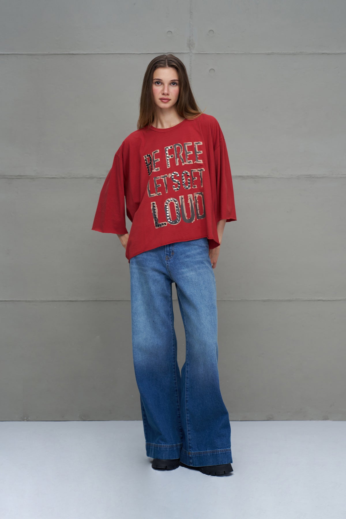 Bordo Sloganli Asimetrik Oversize T-Shirt 18035