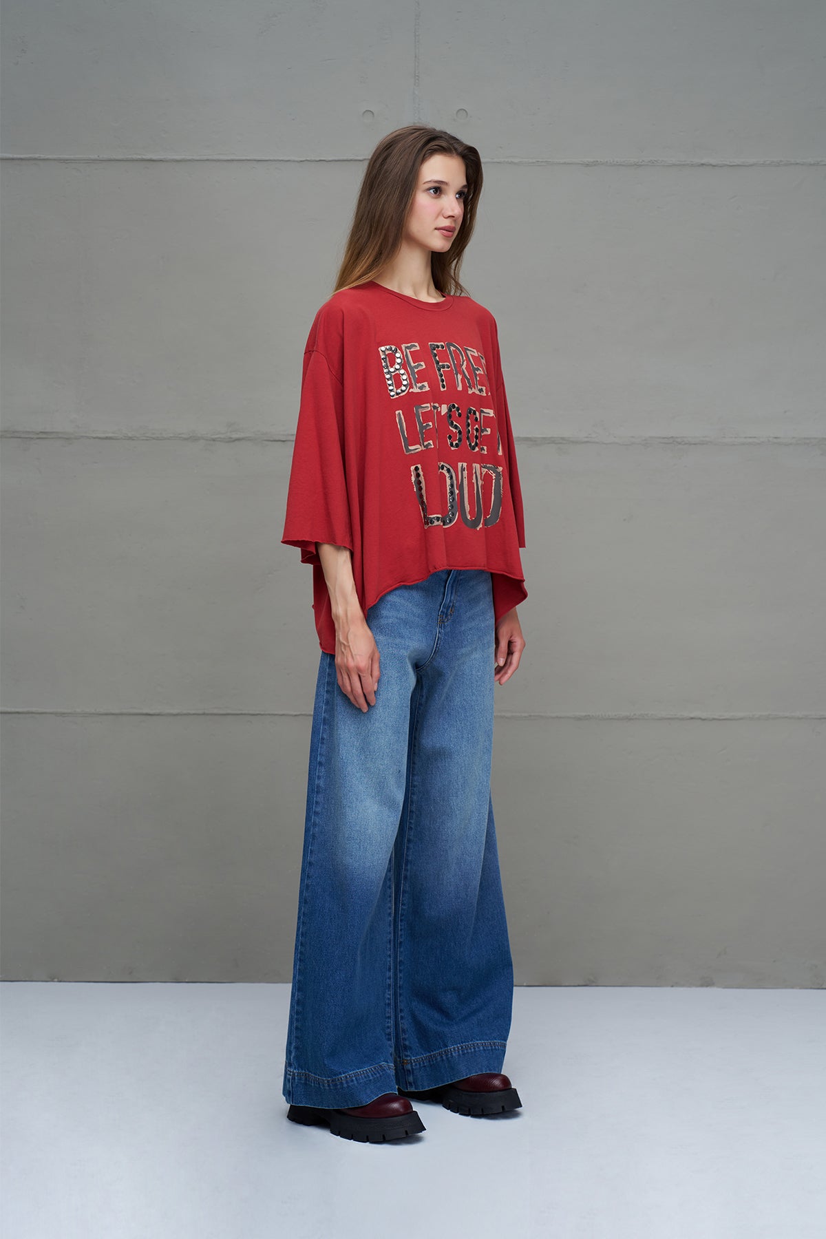 Bordo Sloganli Asimetrik Oversize T-Shirt 18035