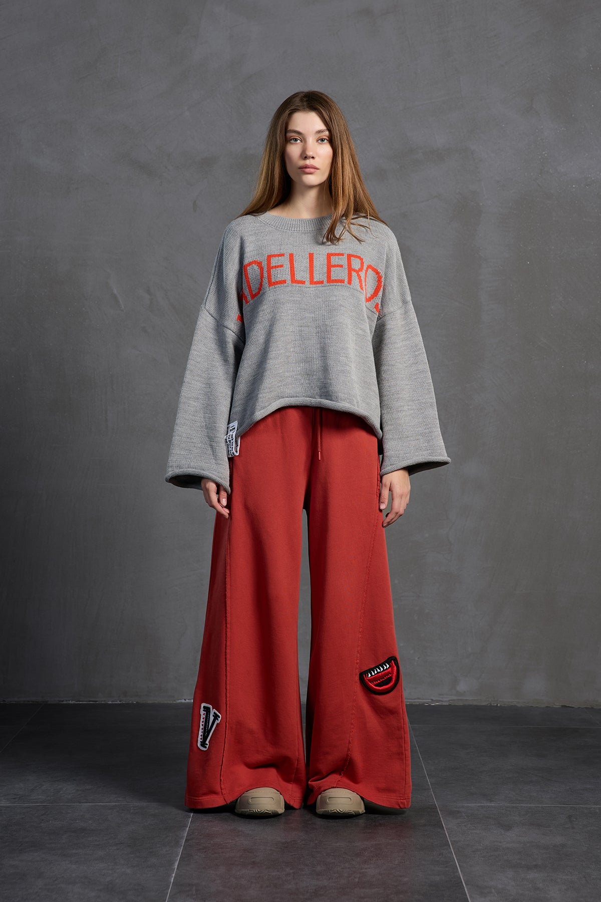 Gri Melanj Baskili Oversize Kazak 18057