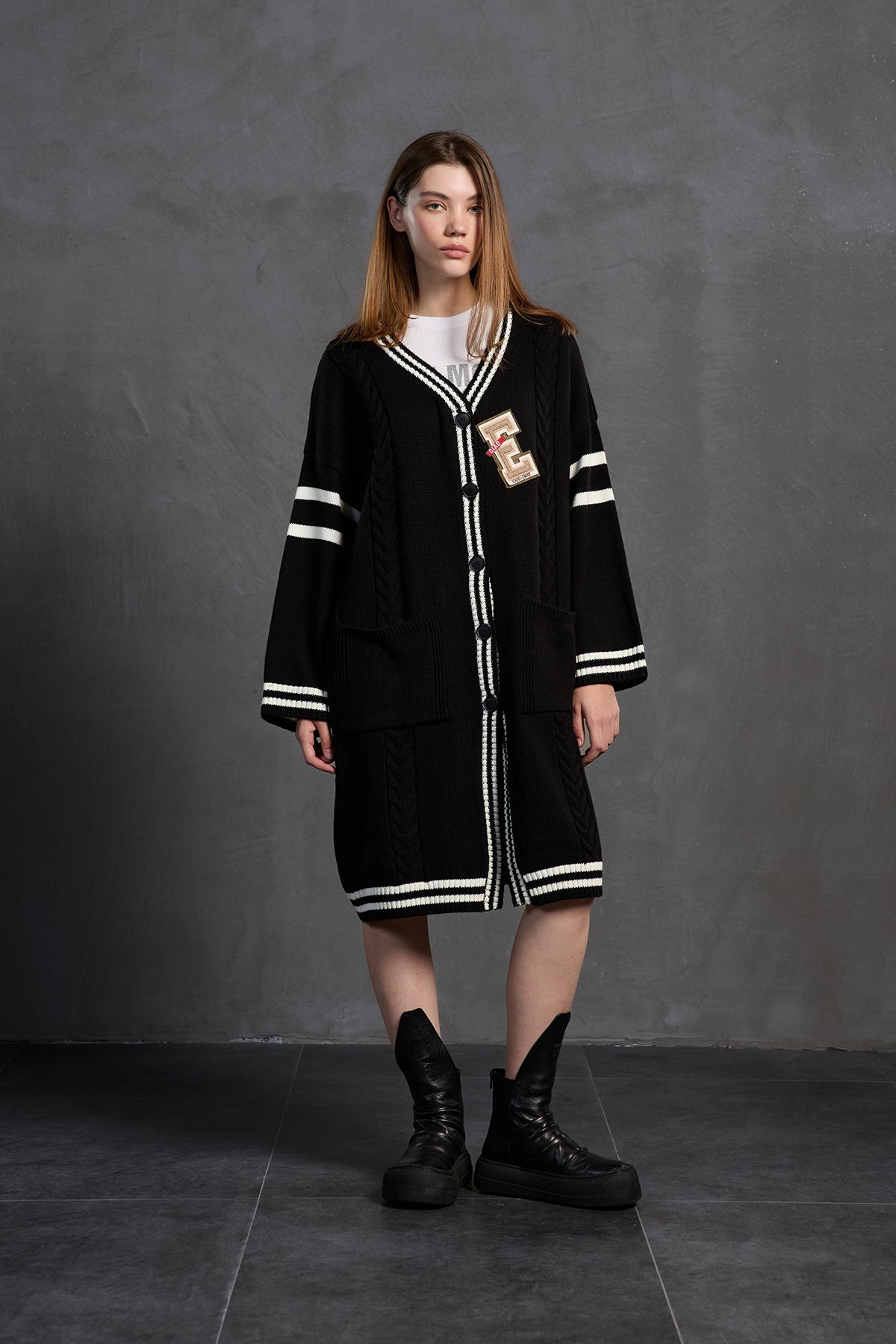 Siyah Ekru Uzun Oversize Hirka 18058