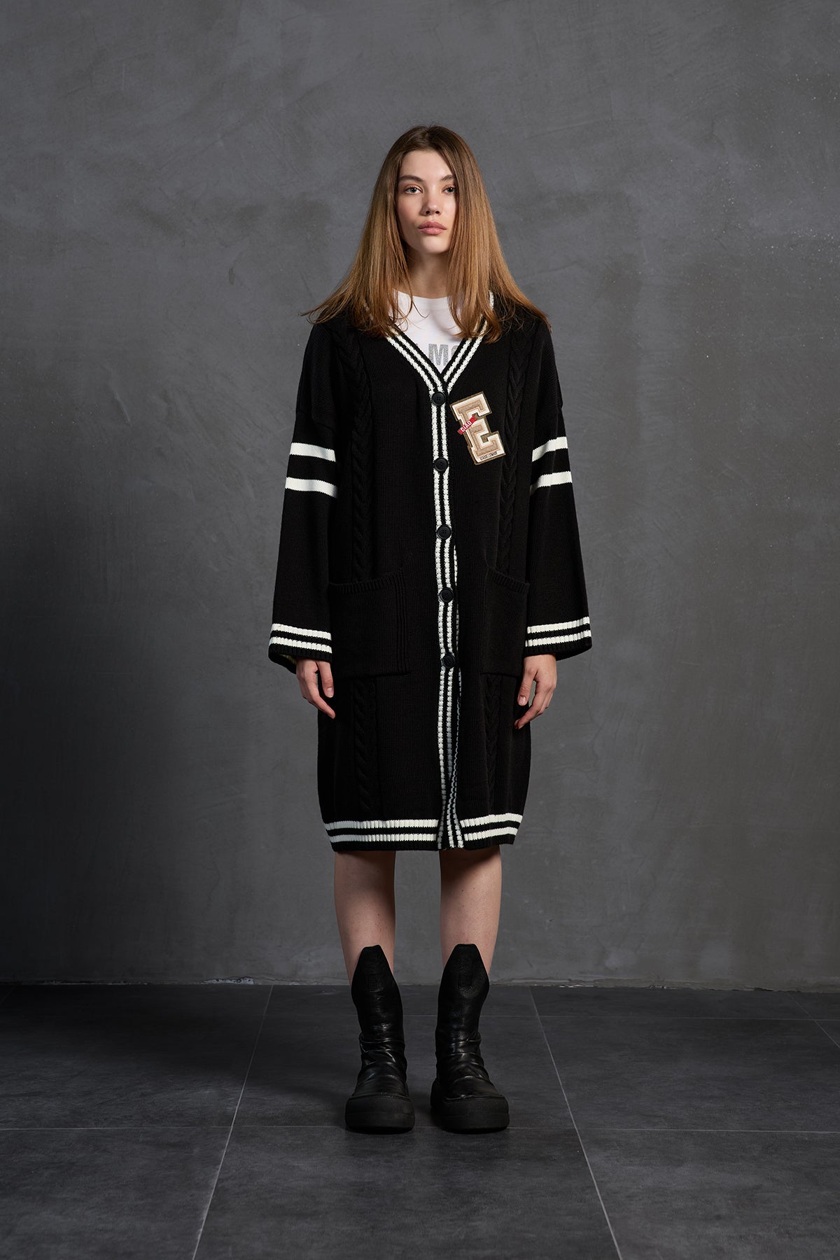 Siyah Ekru Uzun Oversize Hirka 18058