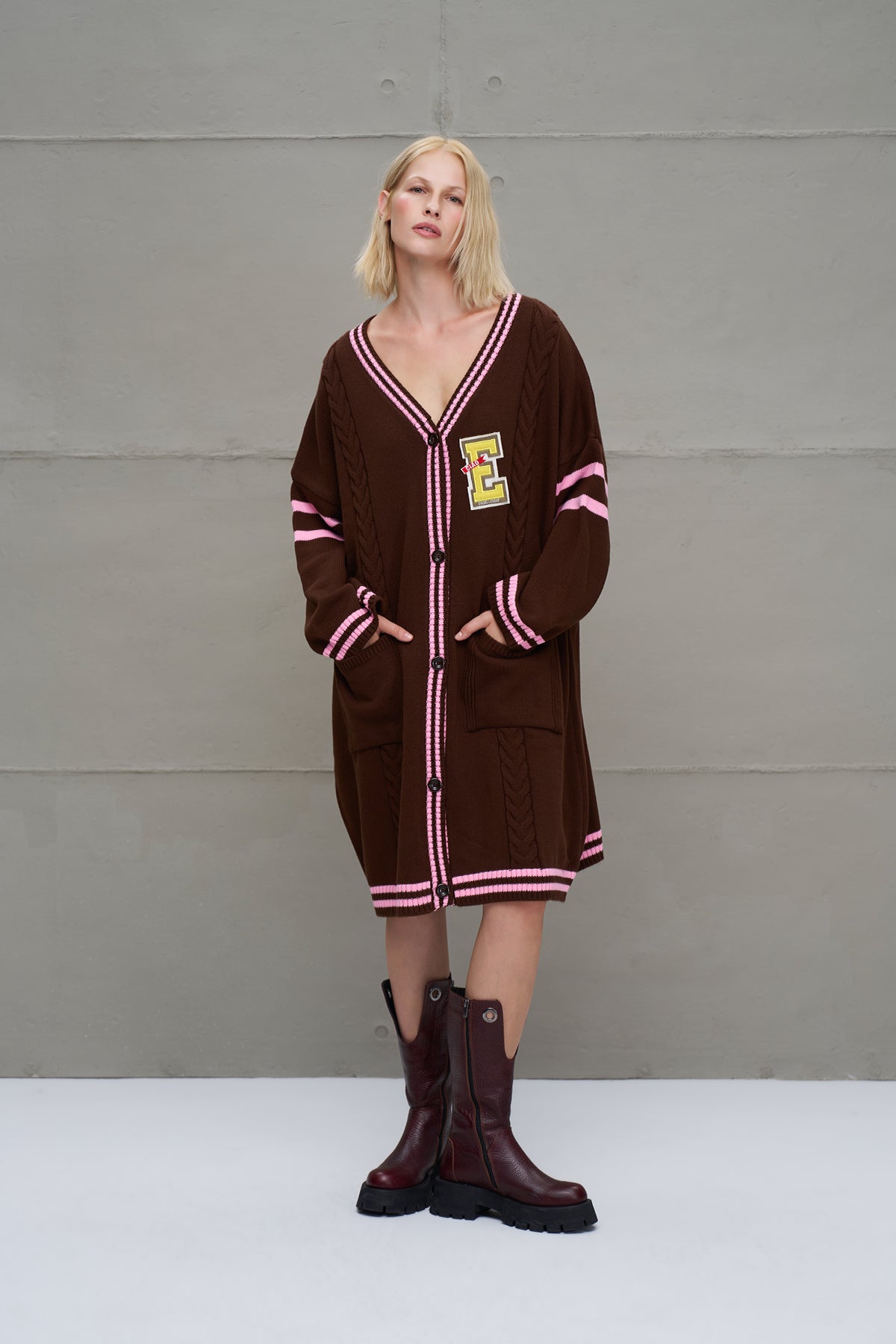 Kahverengi Pembe Uzun Oversize Triko Hirka 18058