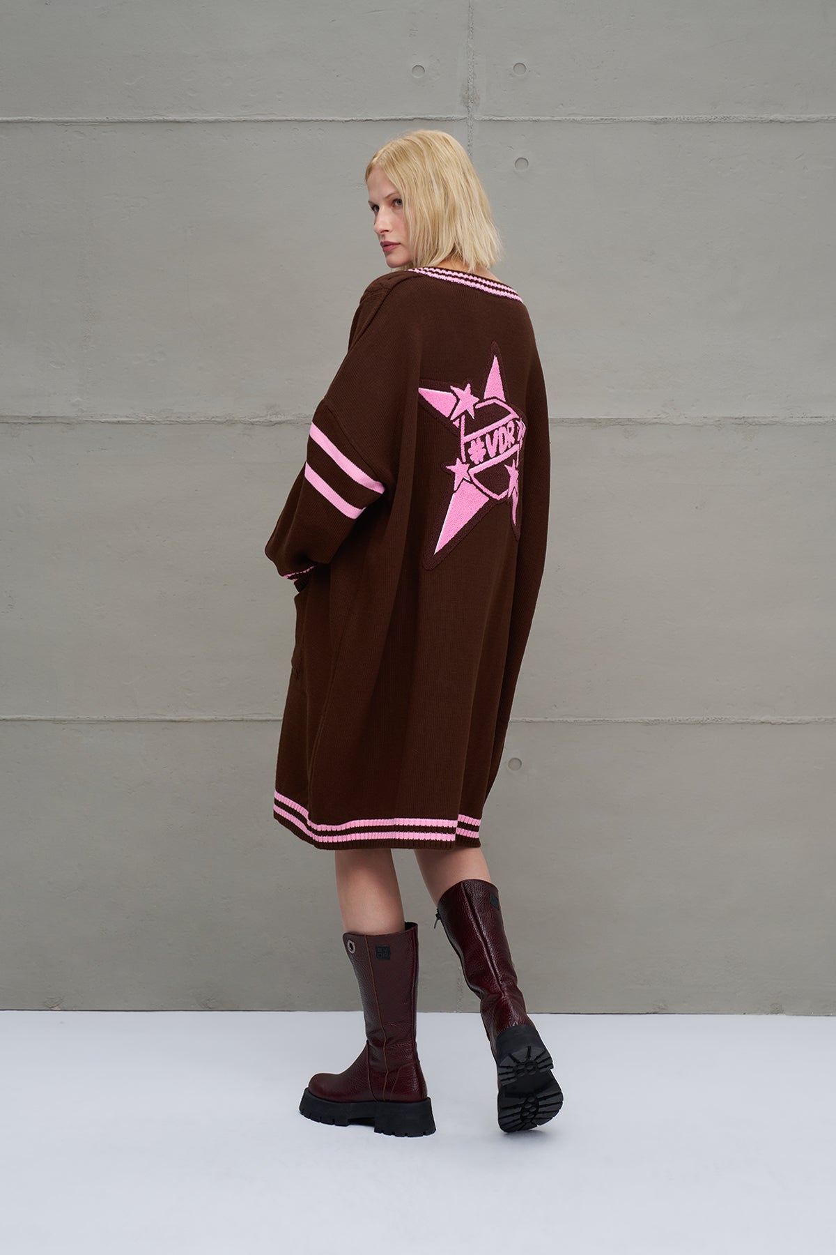 Kahverengi Pembe Uzun Oversize Triko Hirka 18058