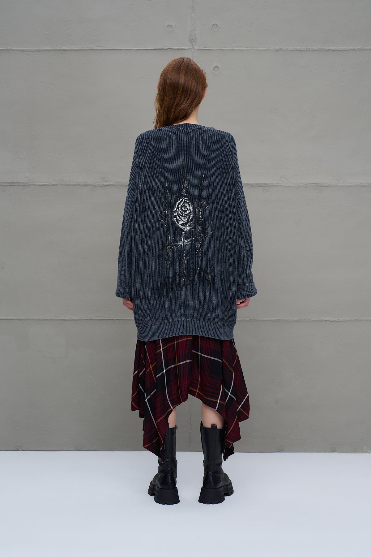 Antrasit Sirti Örme Desenli Oversize Hirka 18074