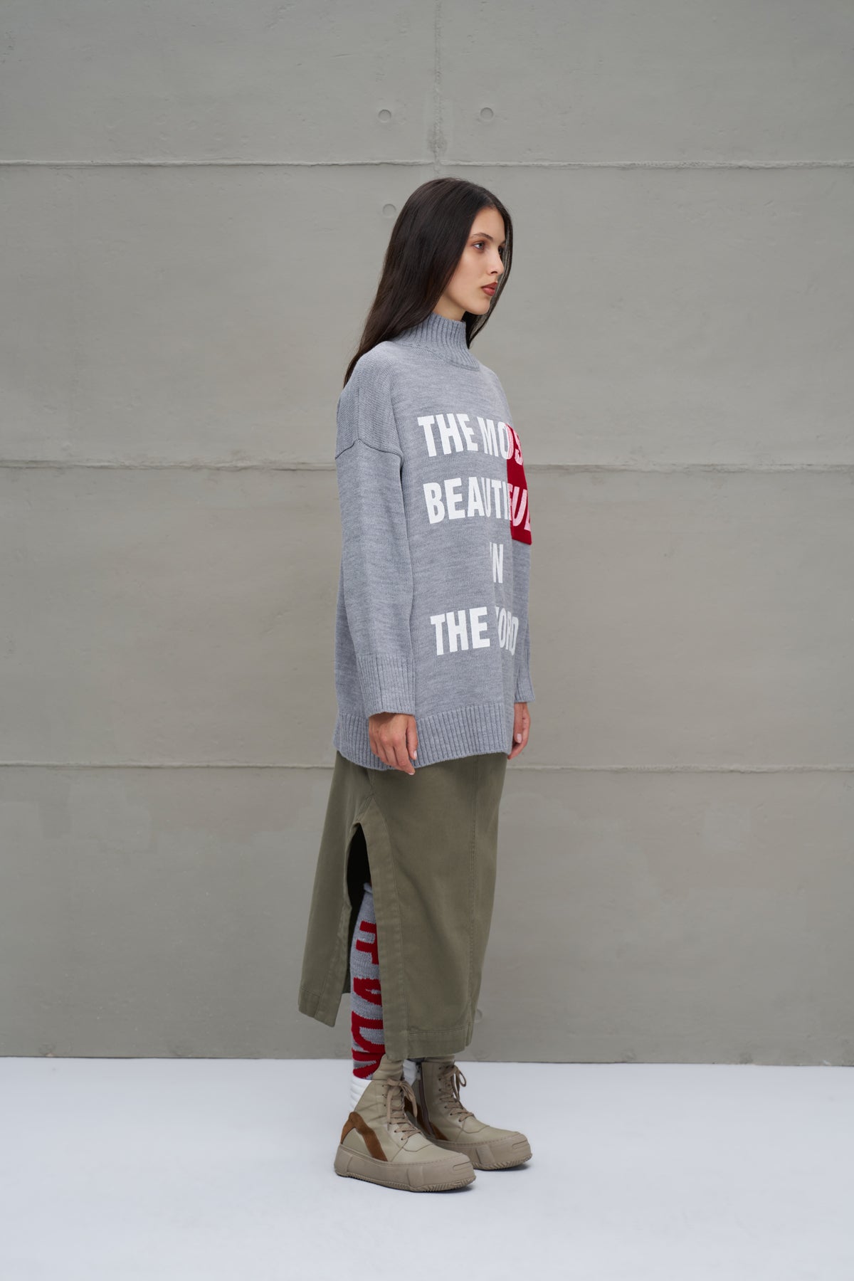 Gri Melanj Sloganli Oversize Triko Kazak 18075