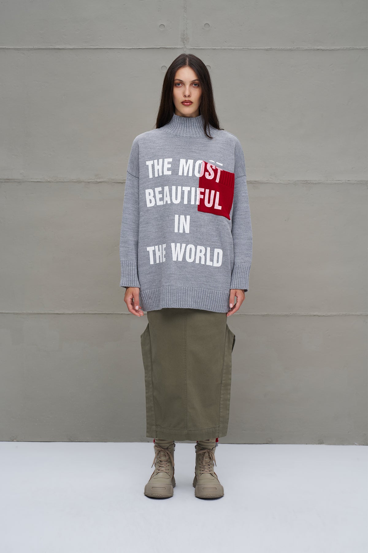 Gri Melanj Sloganli Oversize Triko Kazak 18075