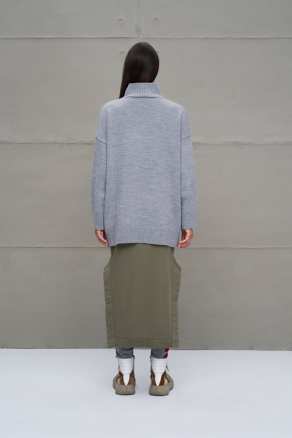 Gri Melanj Sloganli Oversize Triko Kazak 18075