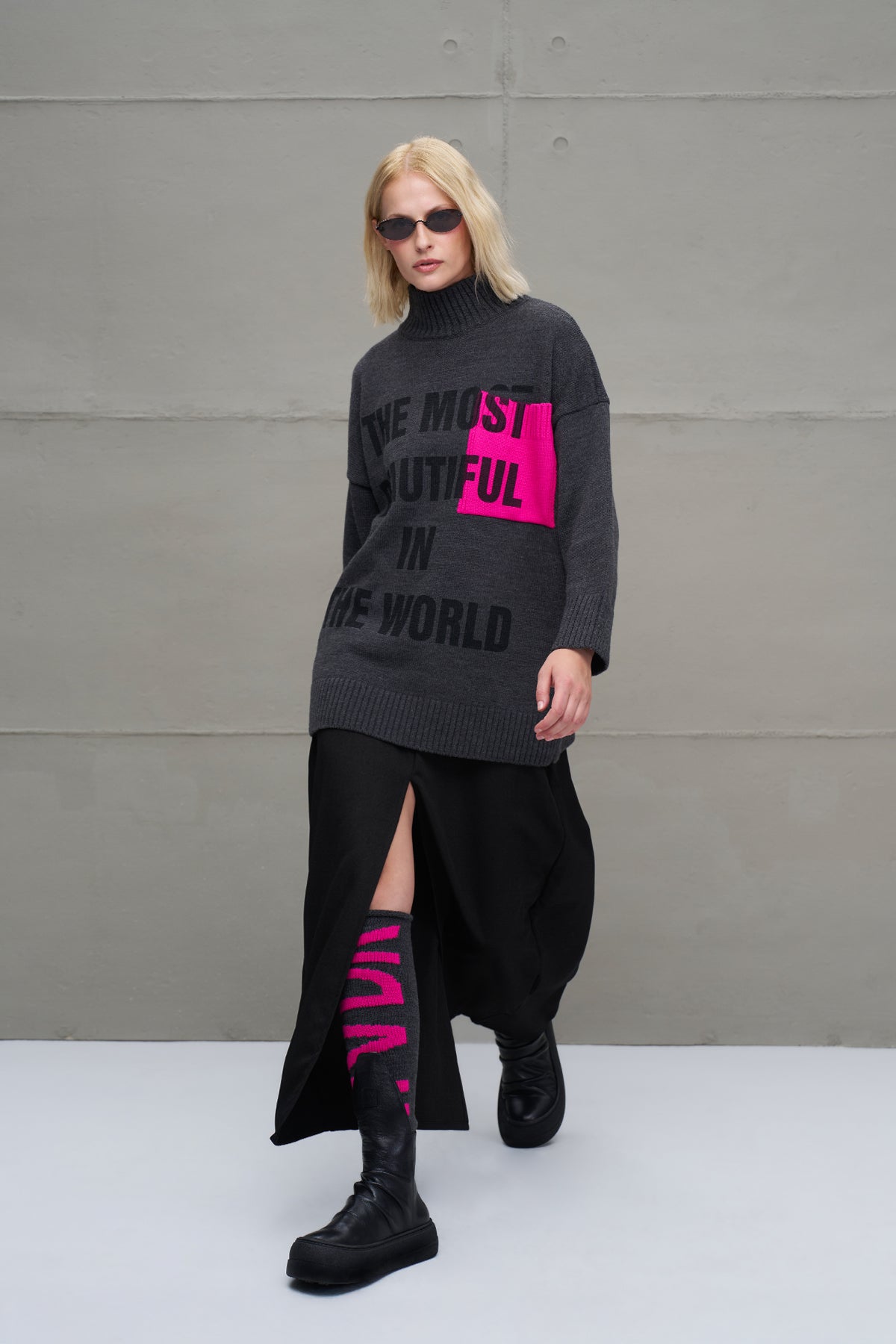 Antrasit Melanj Sloganli Oversize Triko Kazak 18075