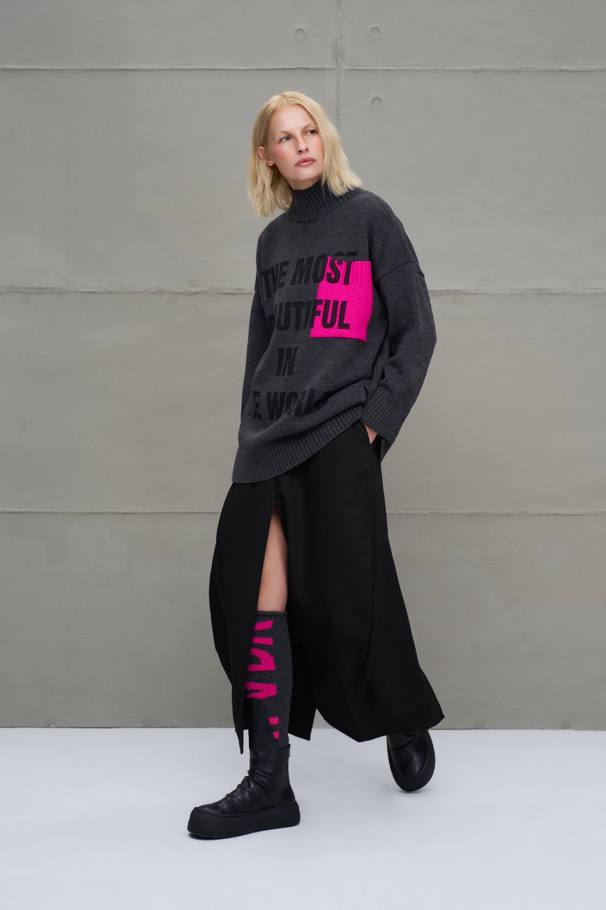 Antrasit Melanj Sloganli Oversize Triko Kazak 18075