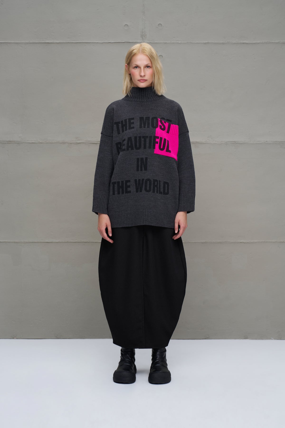 Antrasit Melanj Sloganli Oversize Triko Kazak 18075