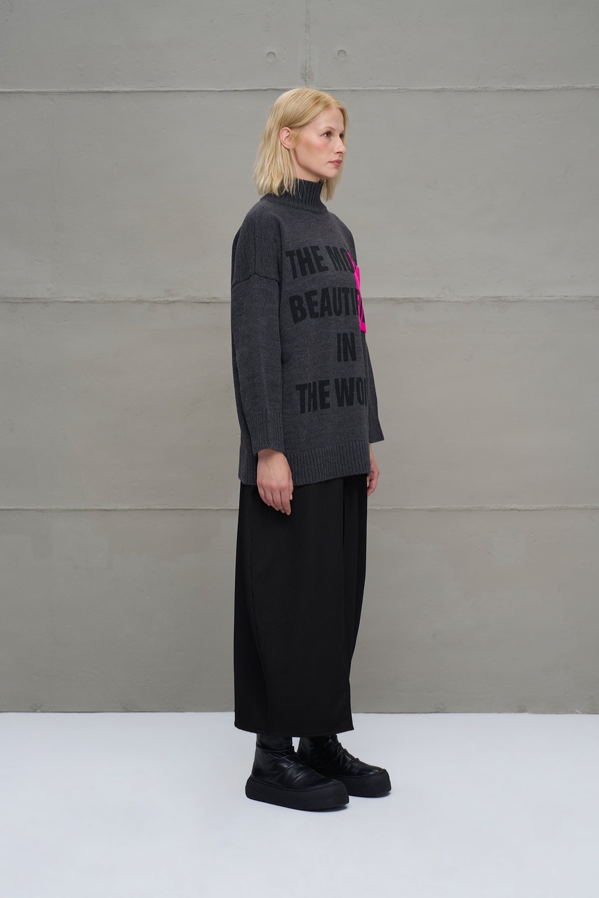 Antrasit Melanj Sloganli Oversize Triko Kazak 18075