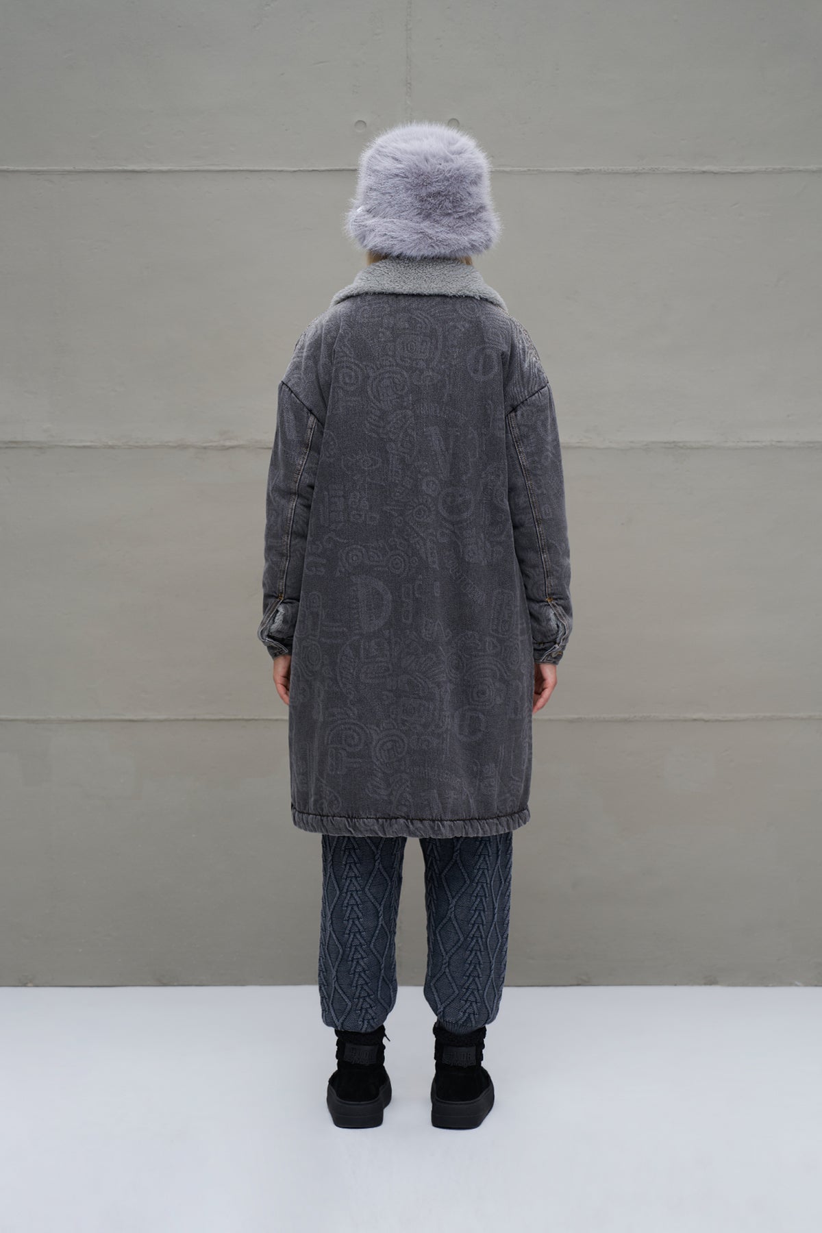 Antrasit Kürk Görünümlü Uzun Denim Ceket 18098