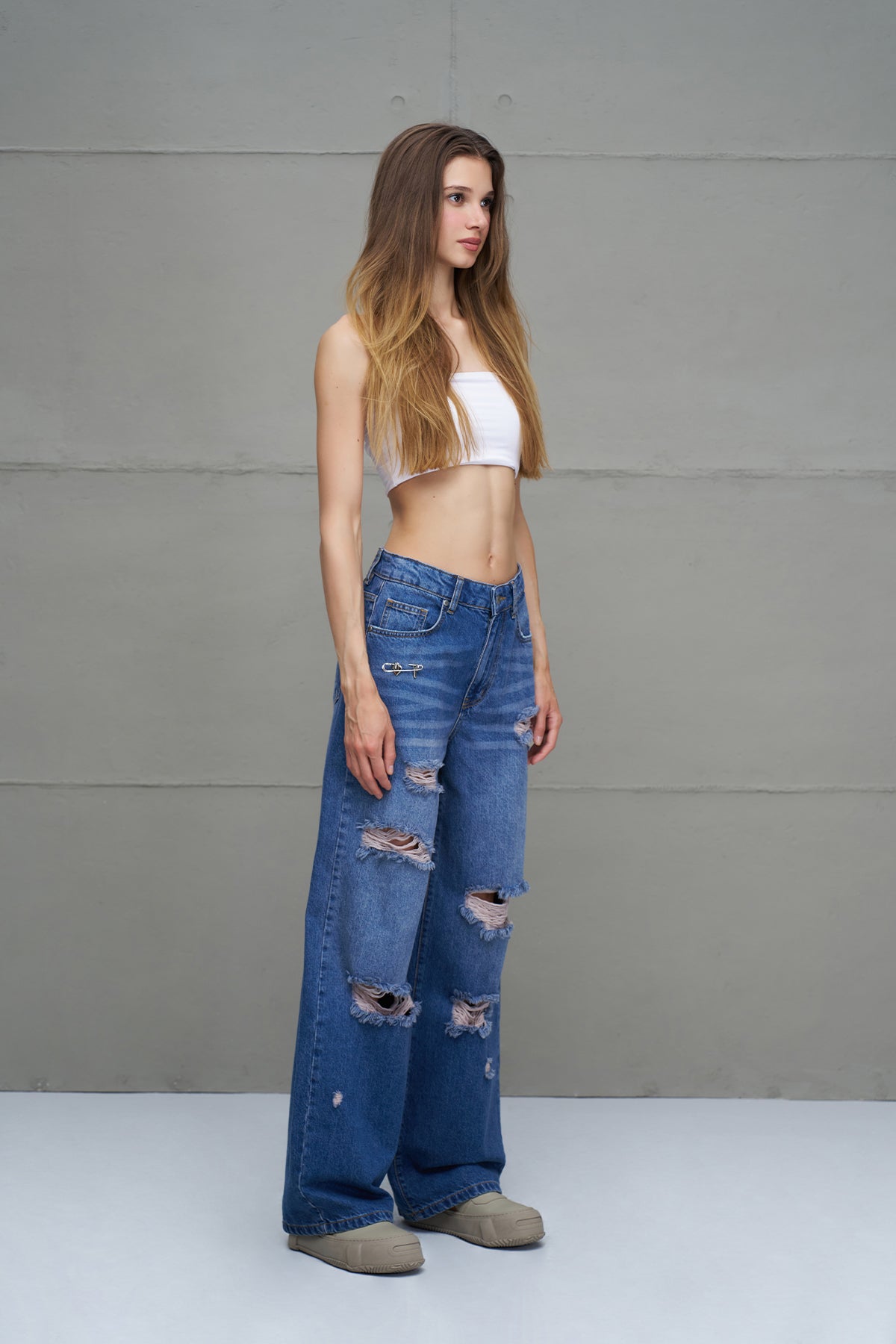 Mavi Yirtik Oversize Denim Pantolon 18132