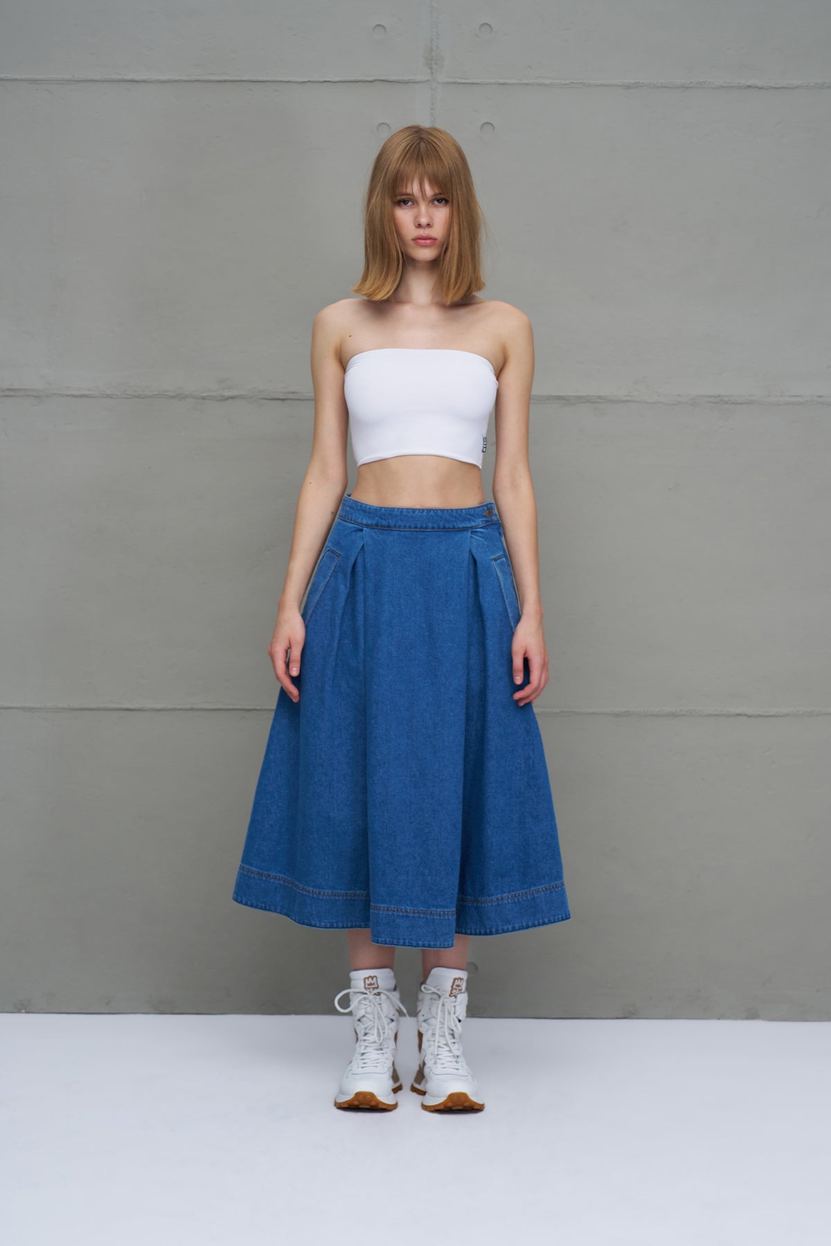 Mavi Pileli Denim Midi Etek 18147