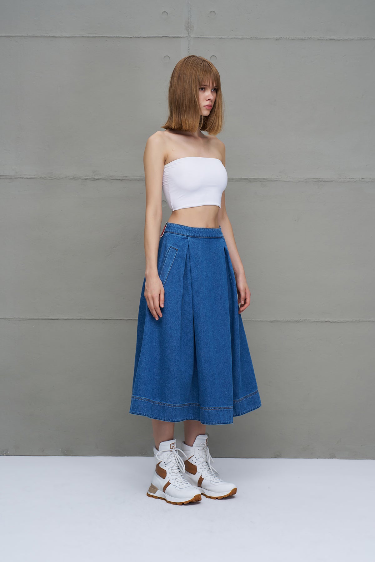 Mavi Pileli Denim Midi Etek 18147