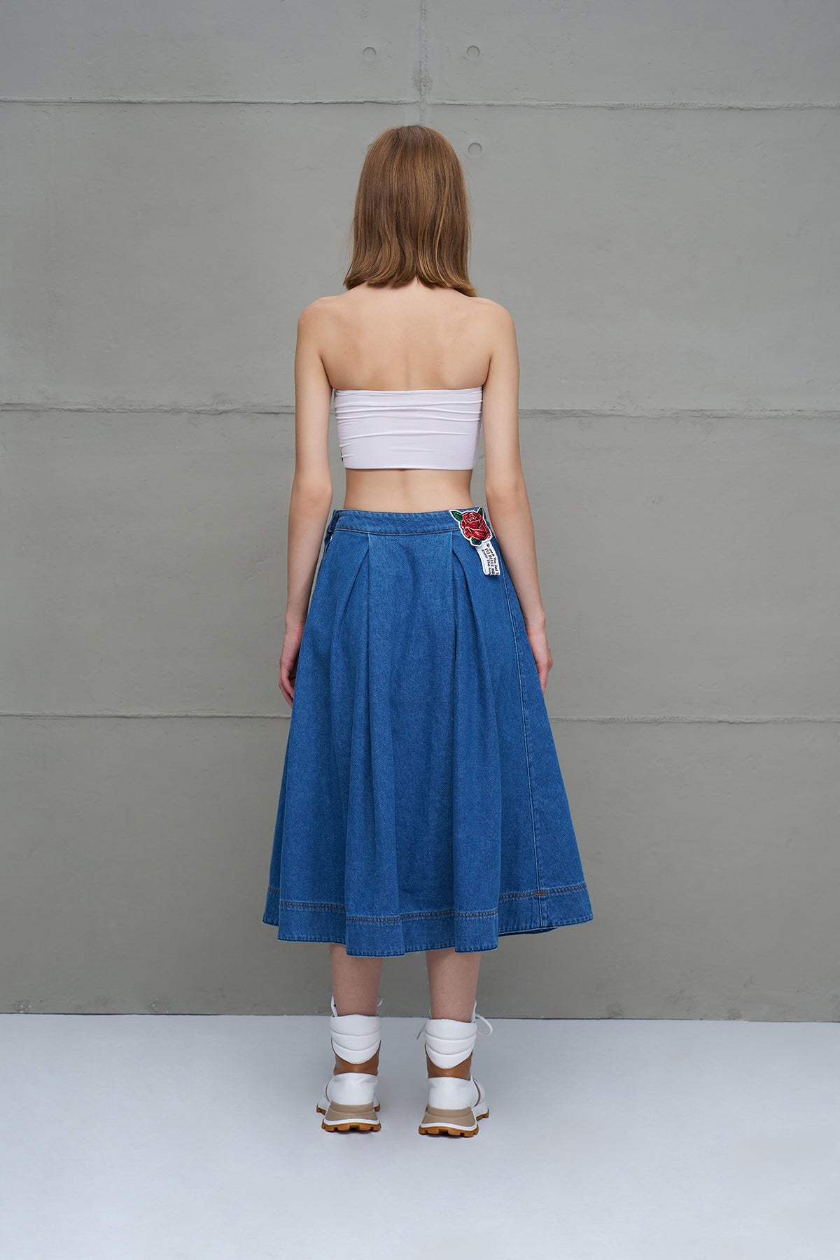 Mavi Pileli Denim Midi Etek 18147