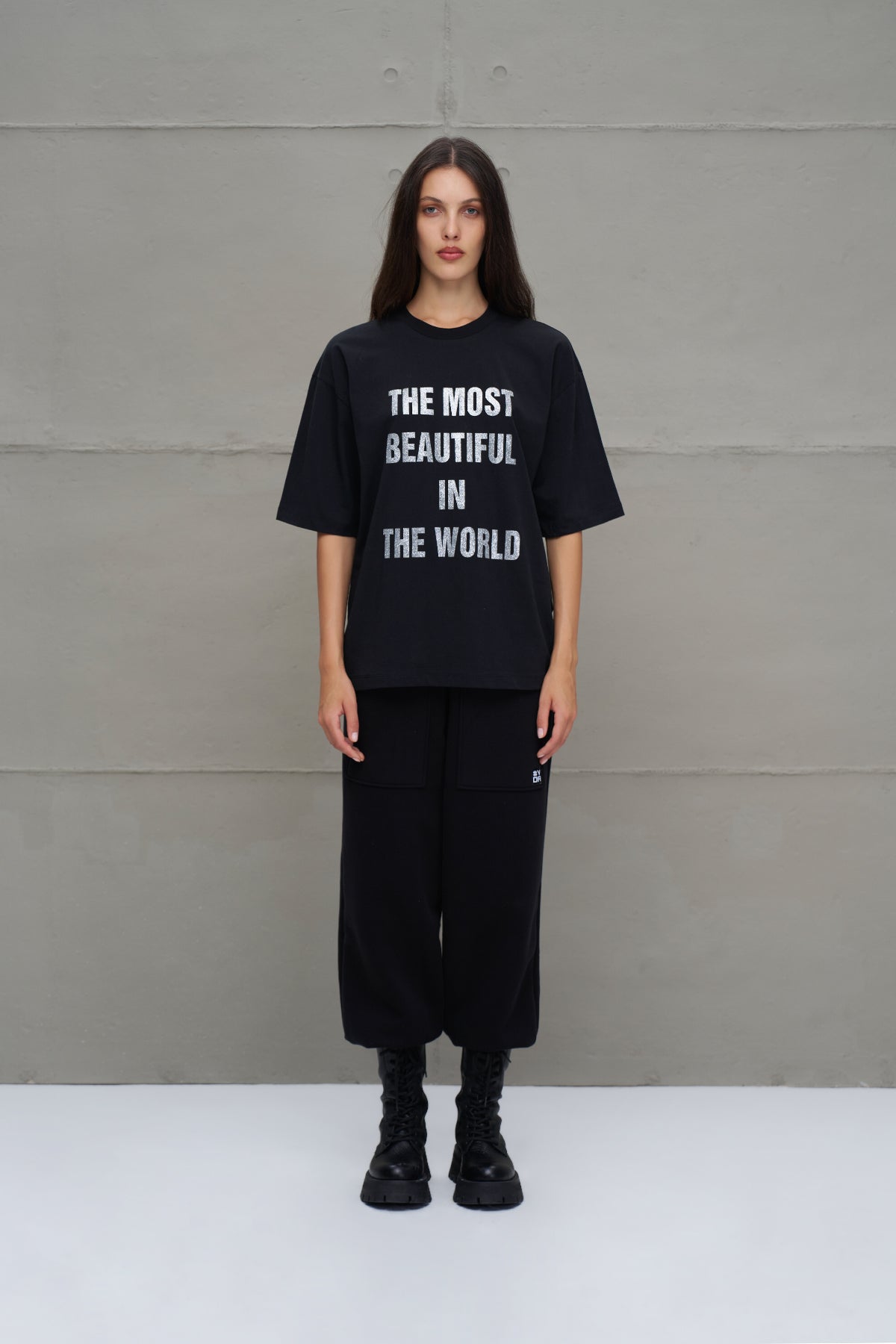 Siyah Sloganli Oversize T-Shirt 18169