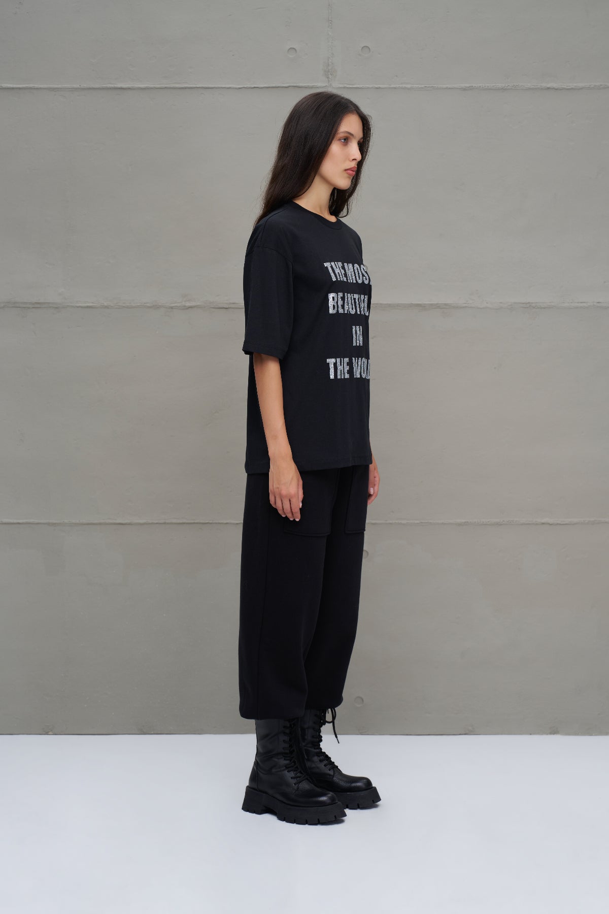 Siyah Sloganli Oversize T-Shirt 18169