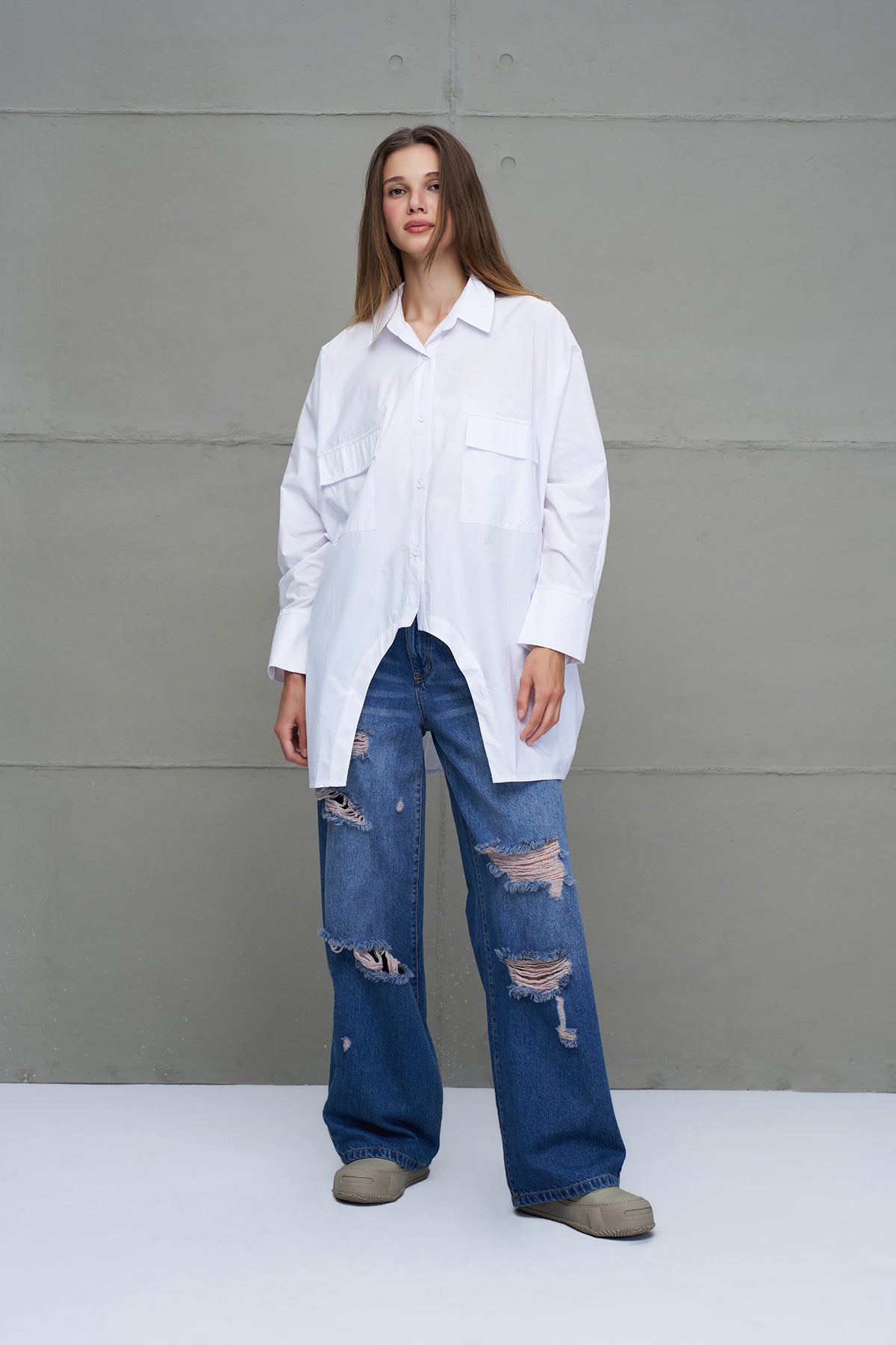 Beyaz Oversize Poplin Gömlek 18179