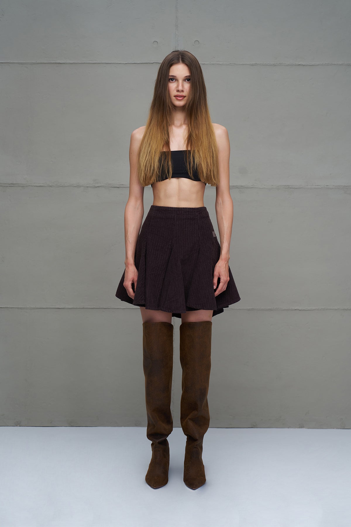 Kahverengi Fitilli Kadife Pilili Mini Etek 18268