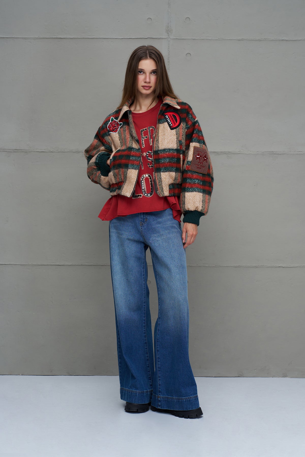 Mavi Ekose Detayli Oversize Denim Pantolon 18269