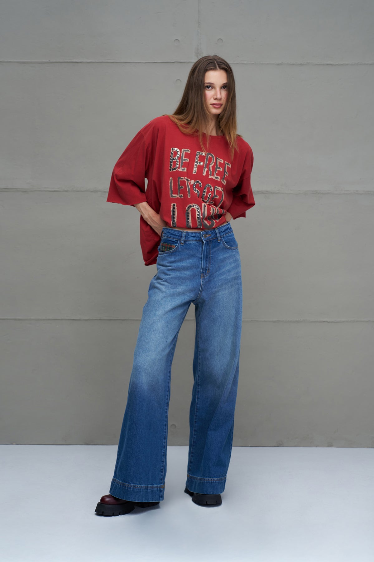 Mavi Ekose Detayli Oversize Denim Pantolon 18269