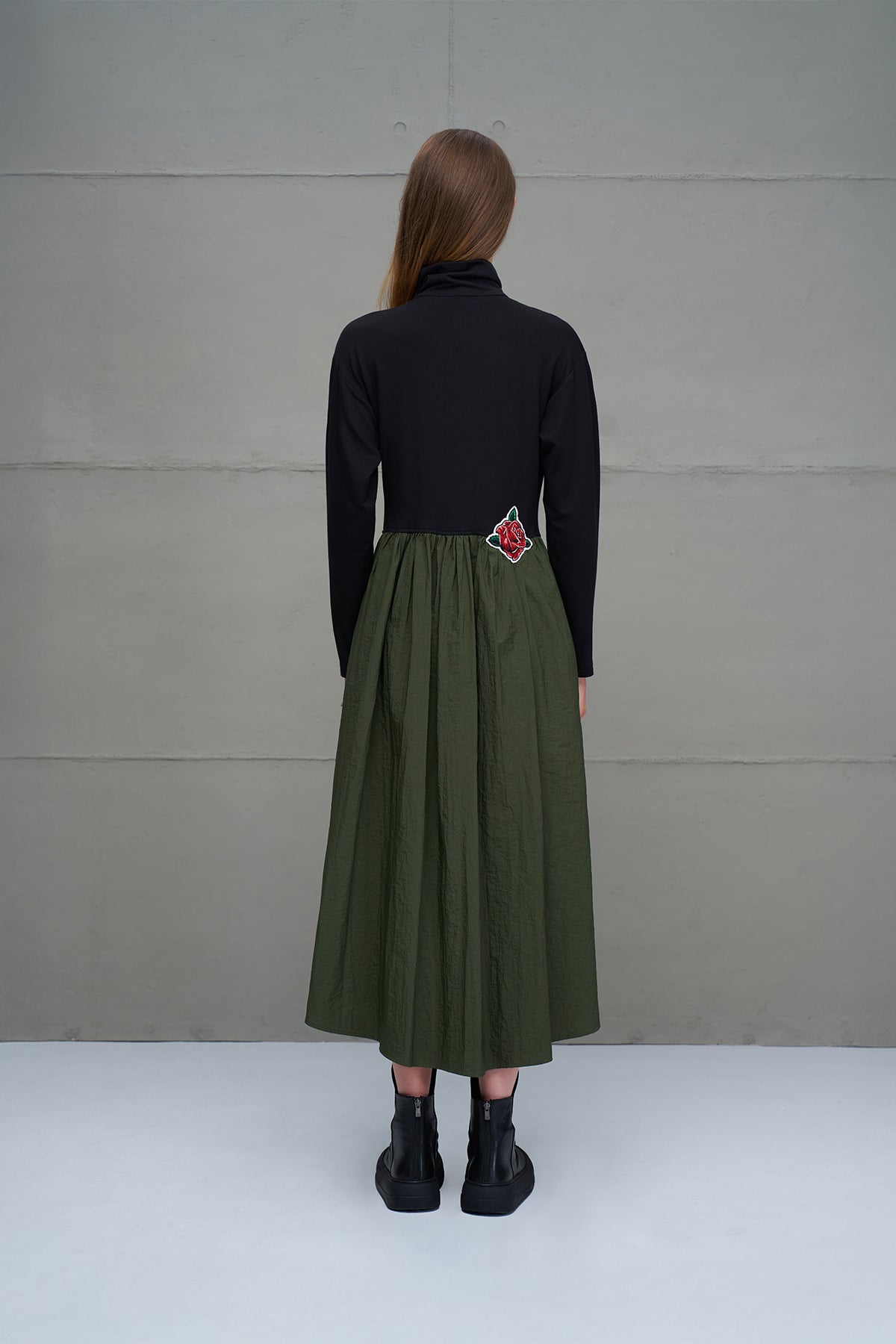 Siyah Yesil Fermuarli Drapeli Uzun Elbise 18273