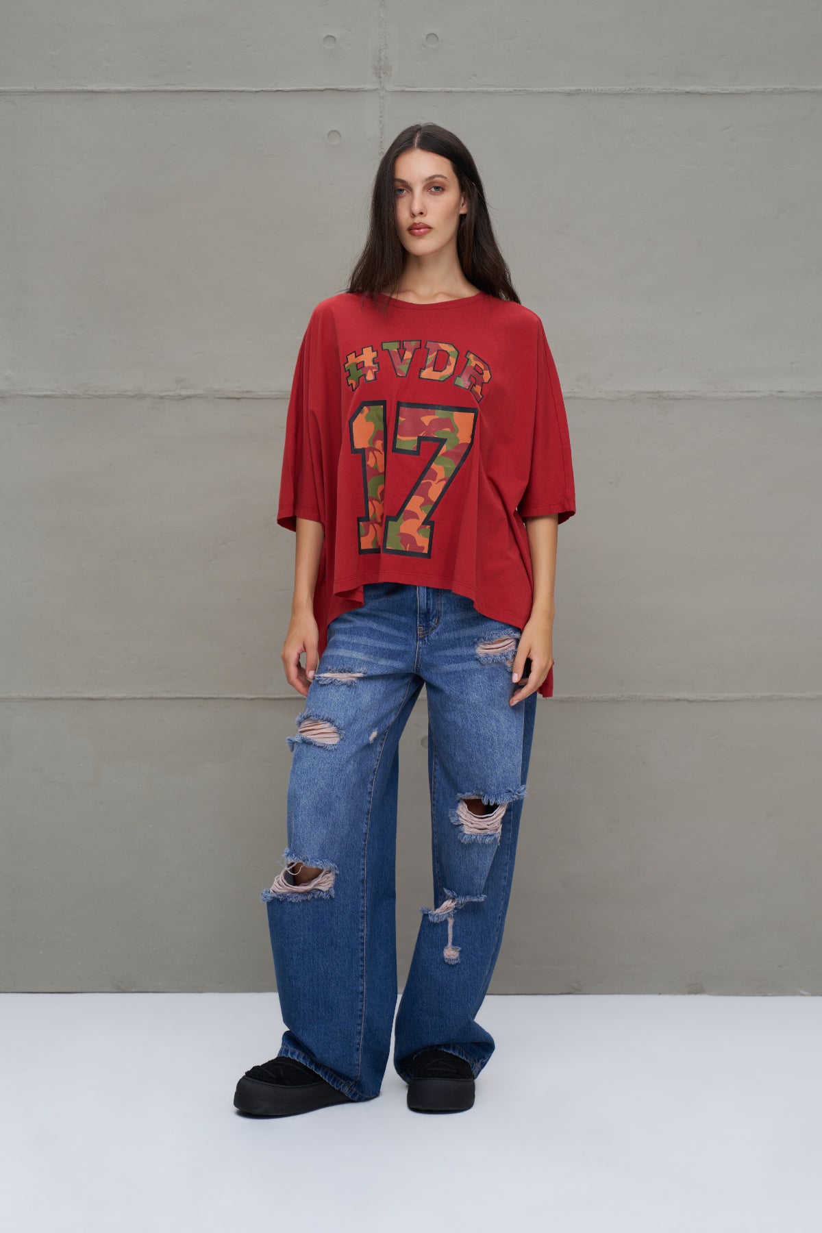 Bordo Baskili Asimetrik Oversize T-Shirt 18282