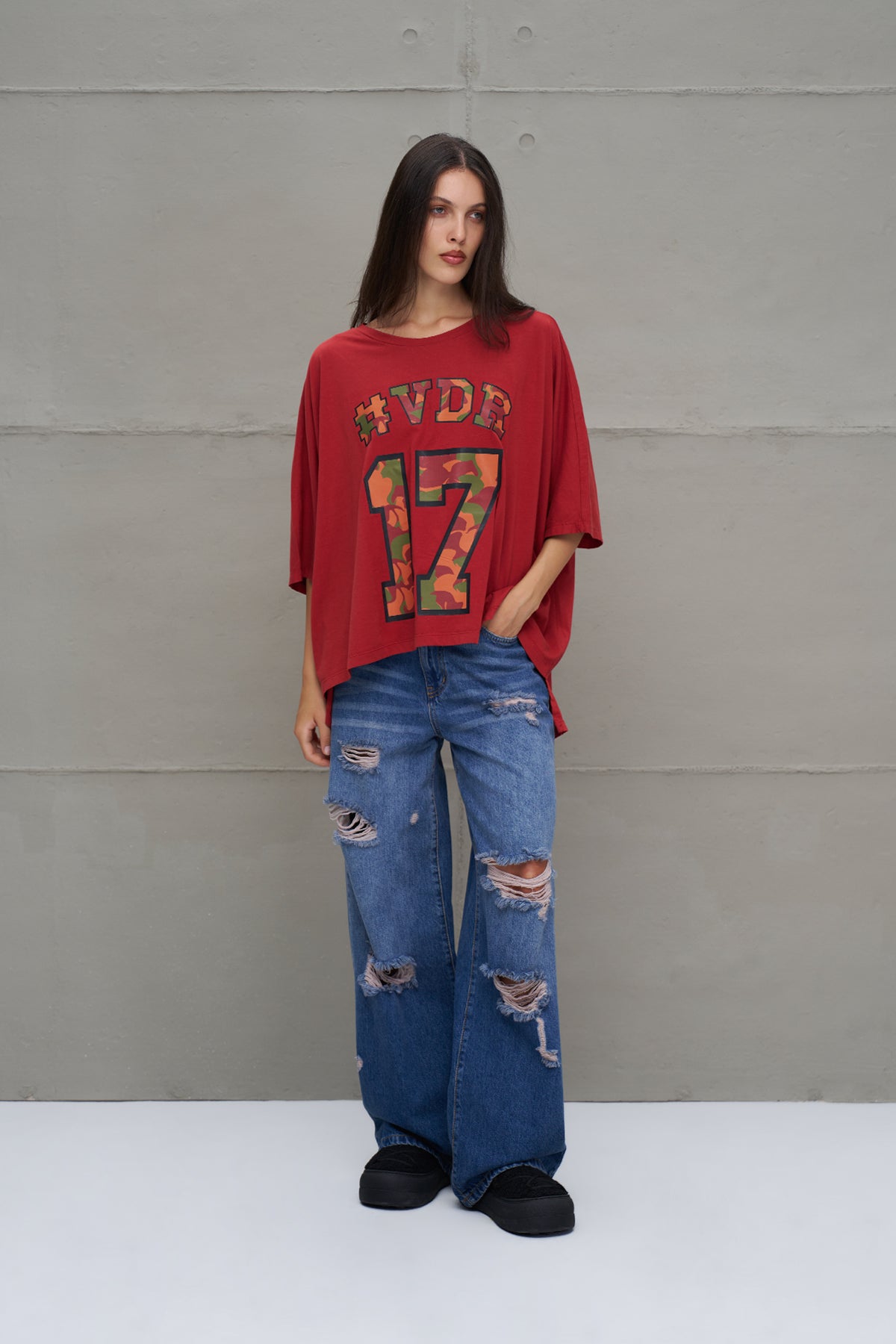 Bordo Baskili Asimetrik Oversize T-Shirt 18282