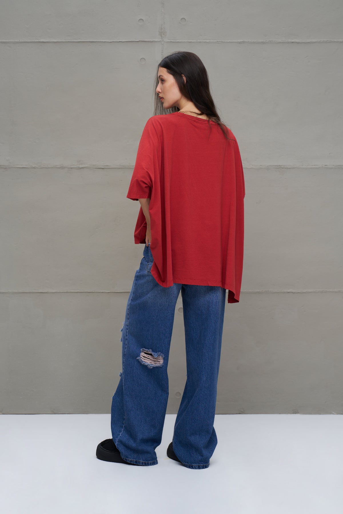 Bordo Baskili Asimetrik Oversize T-Shirt 18282