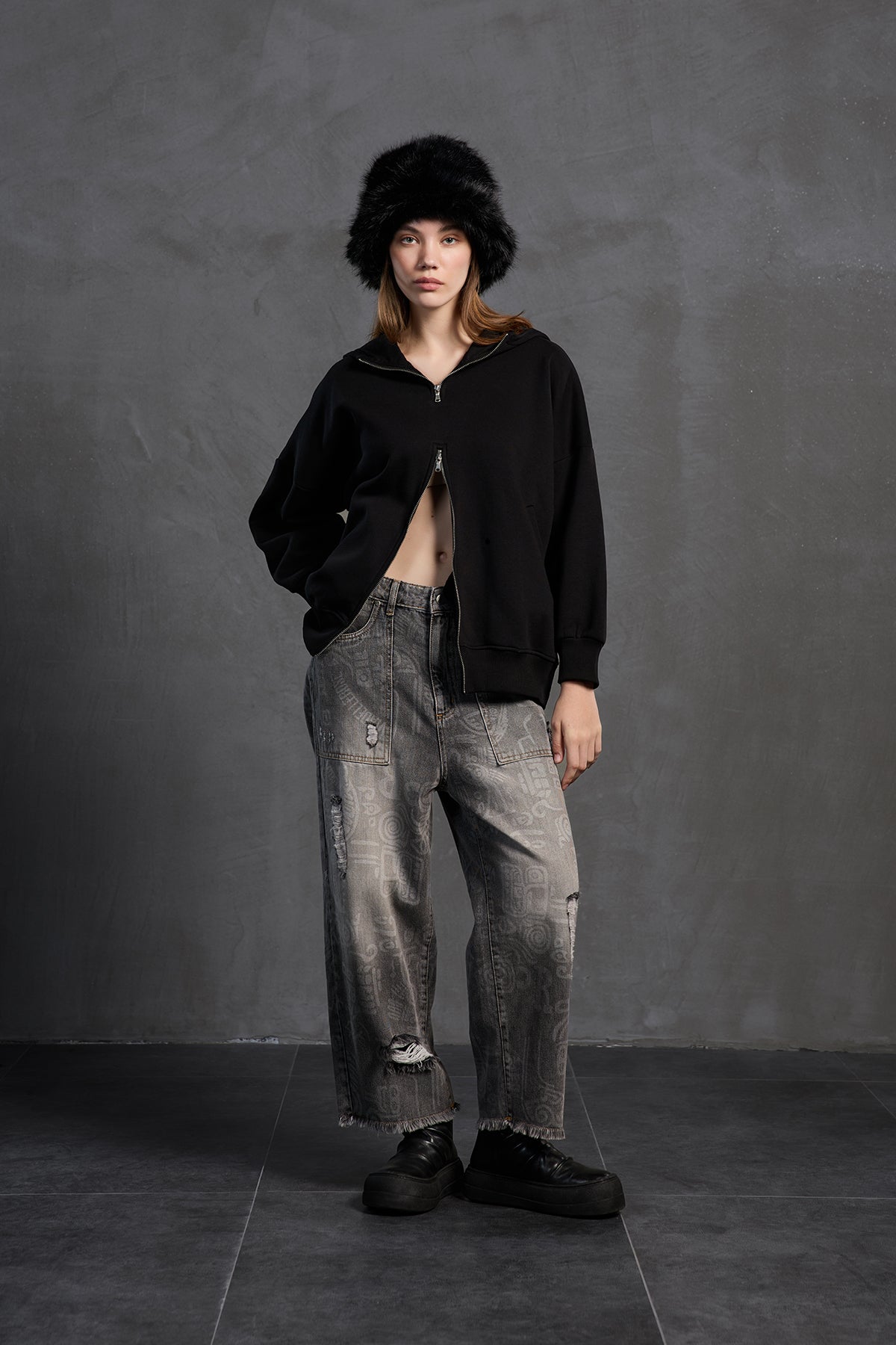 Siyah Fermuarli Kapüsonlu Oversize Sweatshirt 18285