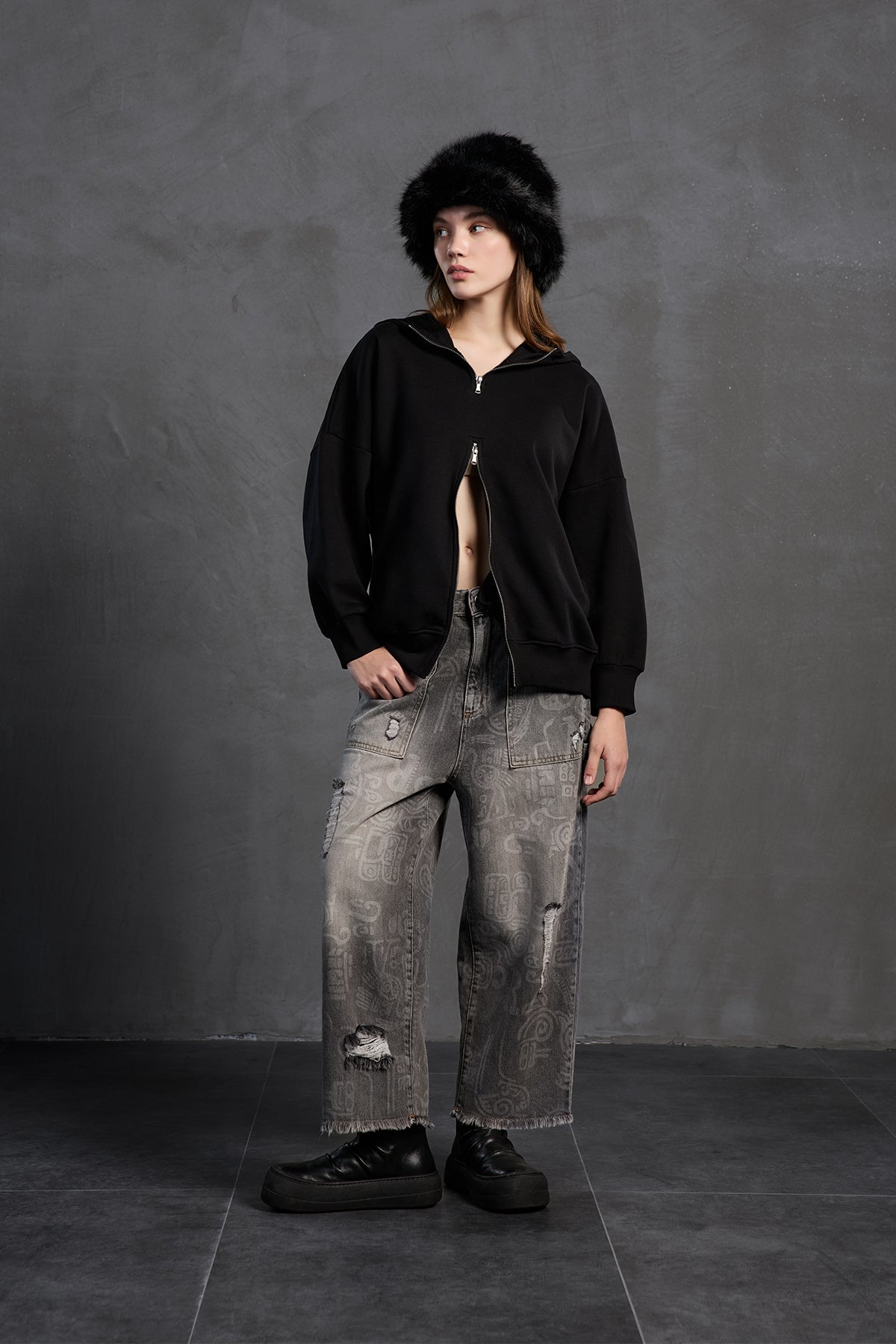 Siyah Fermuarli Kapüsonlu Oversize Sweatshirt 18285