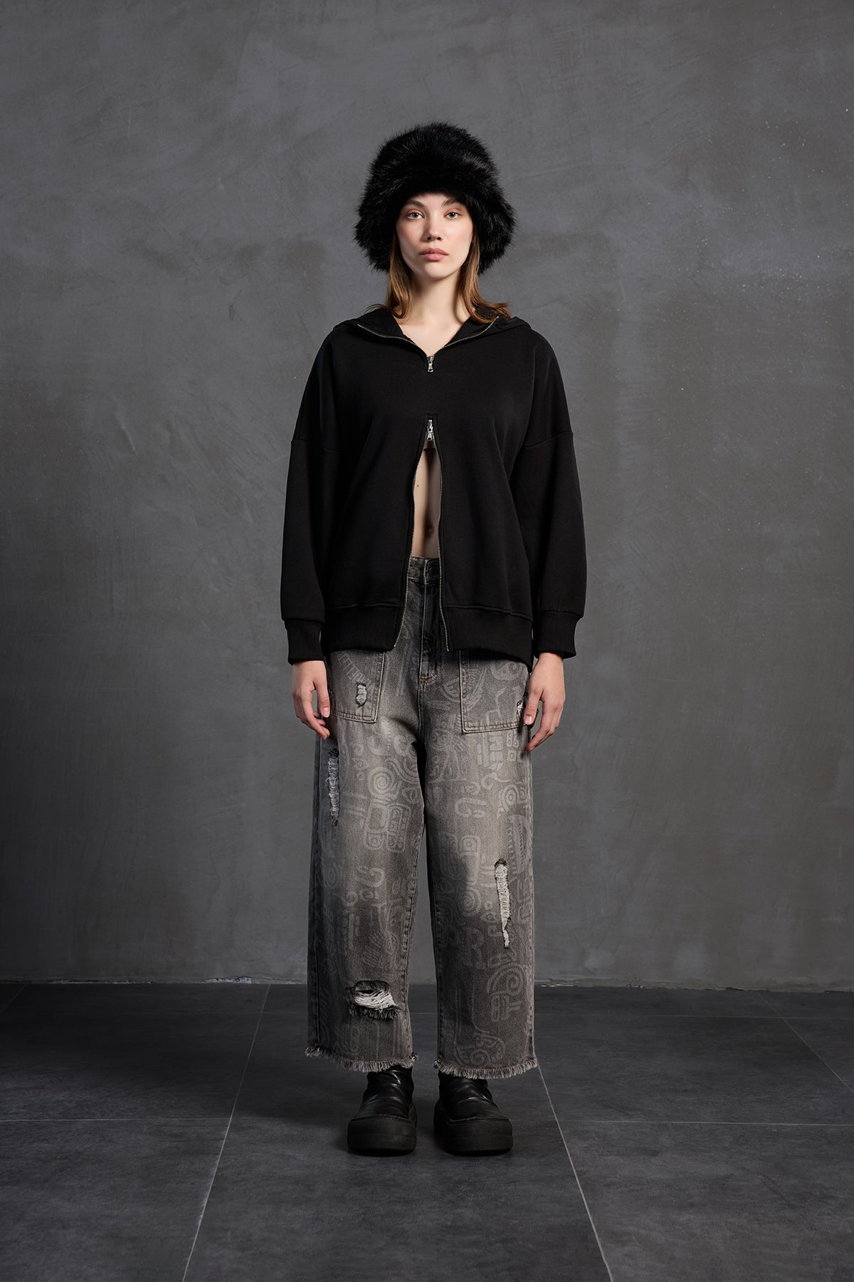Siyah Fermuarli Kapüsonlu Oversize Sweatshirt 18285