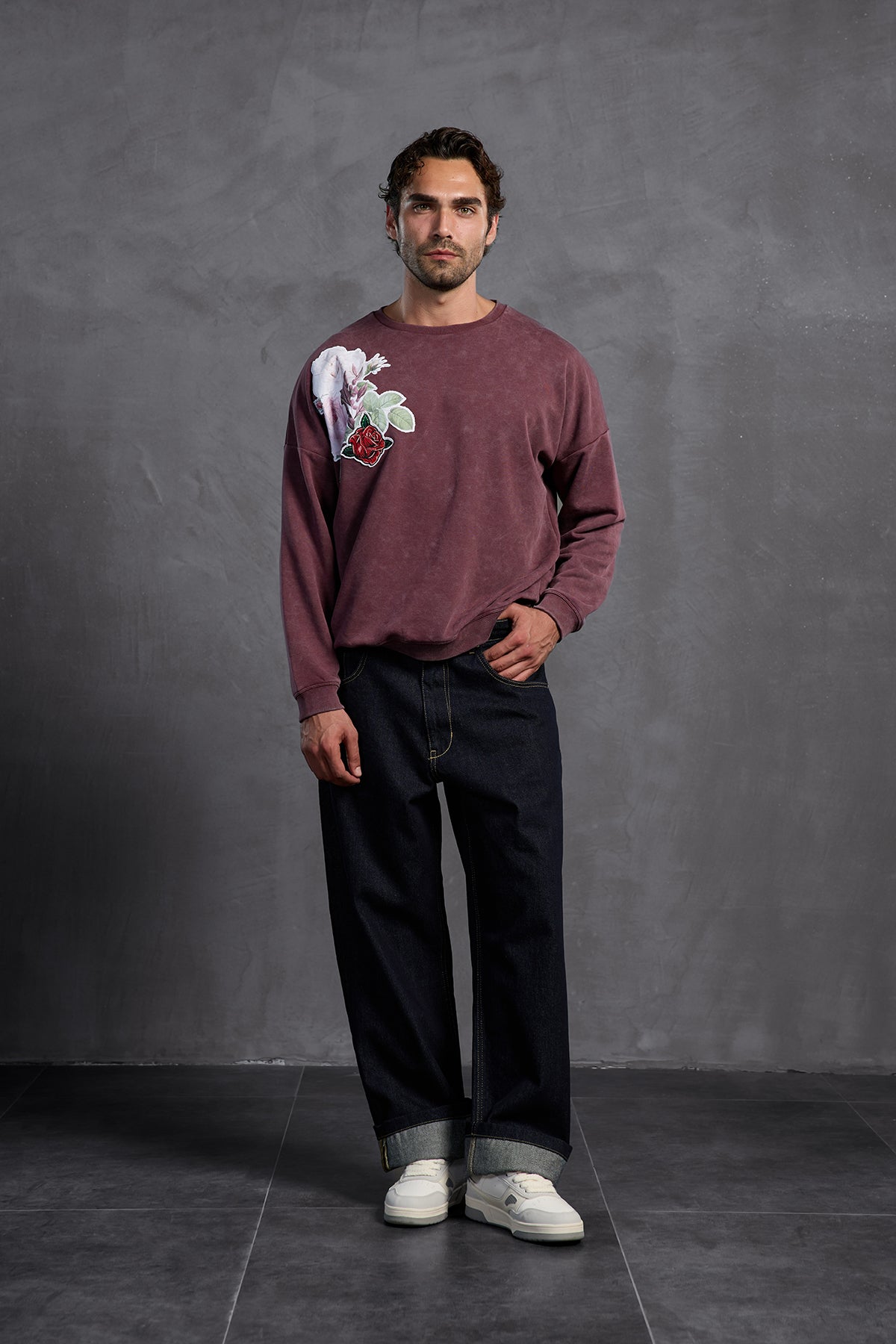 Bordo Sıfır Yaka Baskılı  Sweatshirt 10001