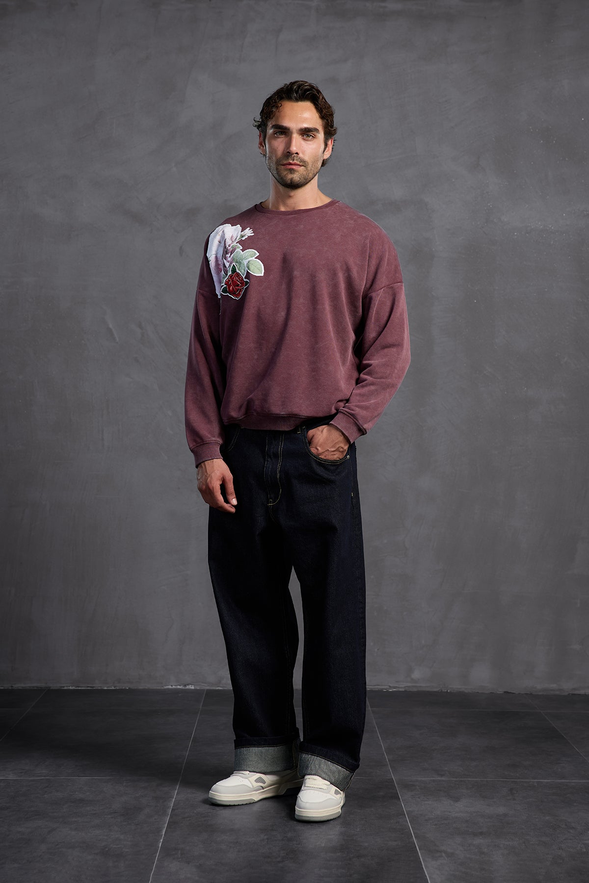 Bordo Sıfır Yaka Baskılı  Sweatshirt 10001