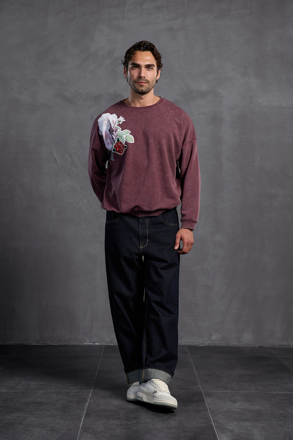 Bordo Sıfır Yaka Baskılı  Sweatshirt 10001