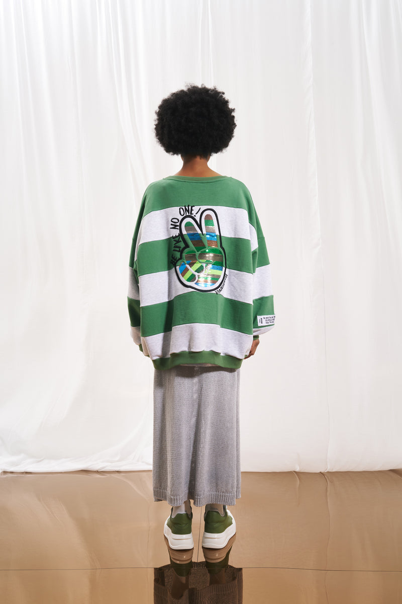 Zeytin Yeşili Gri Çizgili İşlemeli Sweatshirt 17047