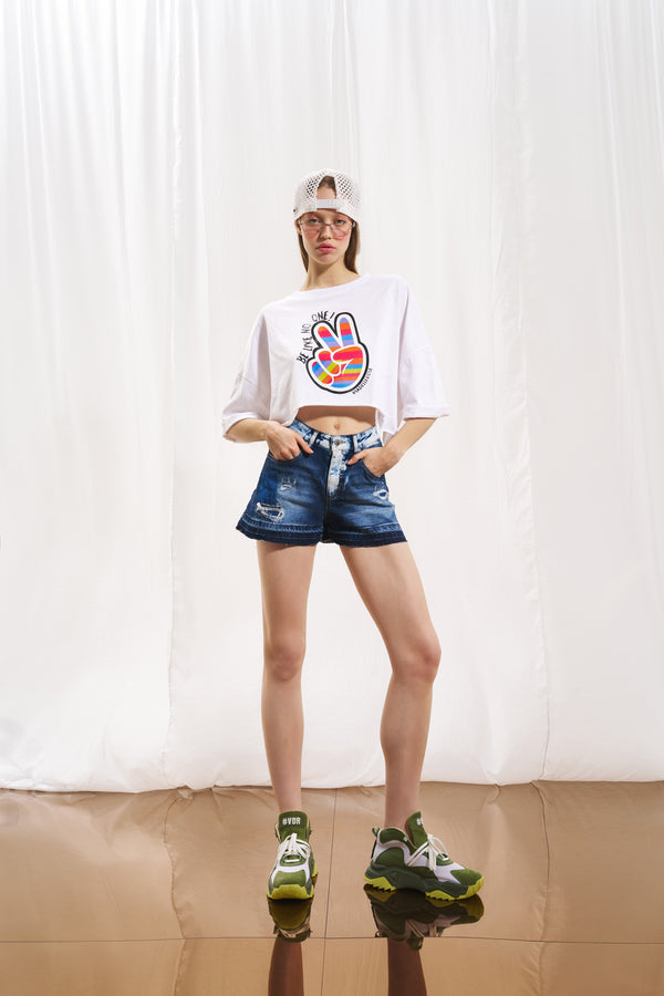 Beyaz Baskılı Crop T-shirt 17065