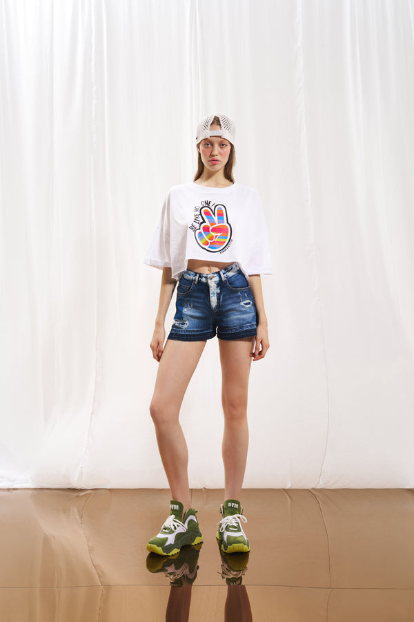 Beyaz Baskılı Crop T-shirt 17065