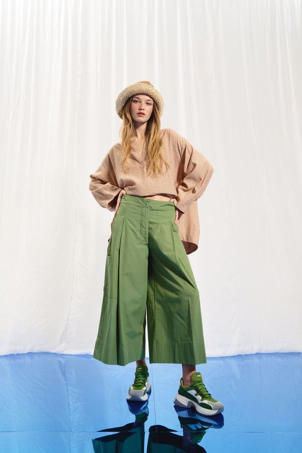 Zeytin Yeşili Wide-Leg Piliseli Pantolon 17098