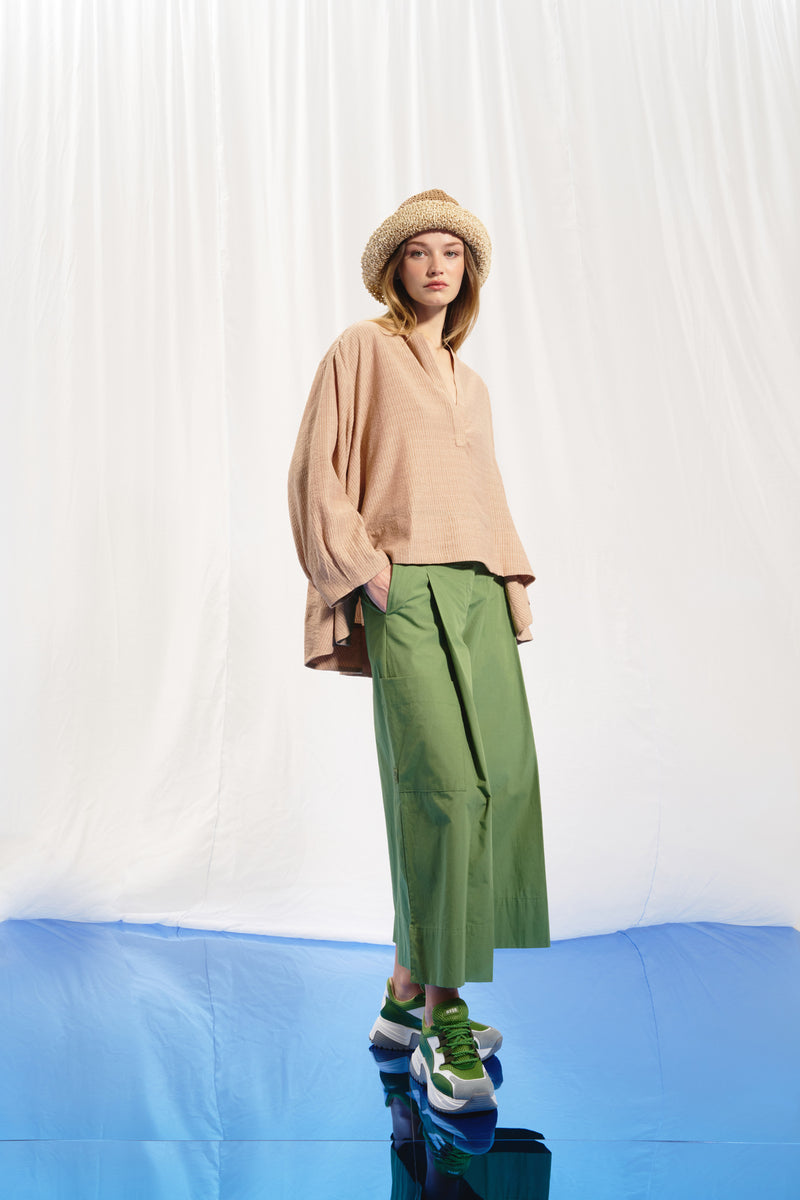 Zeytin Yeşili Wide-Leg Piliseli Pantolon 17098