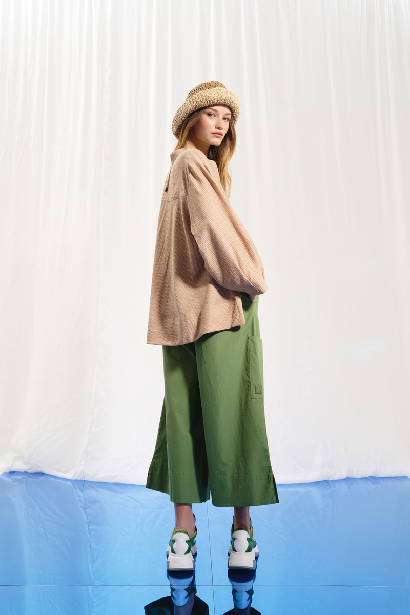 Zeytin Yeşili Wide-Leg Piliseli Pantolon 17098