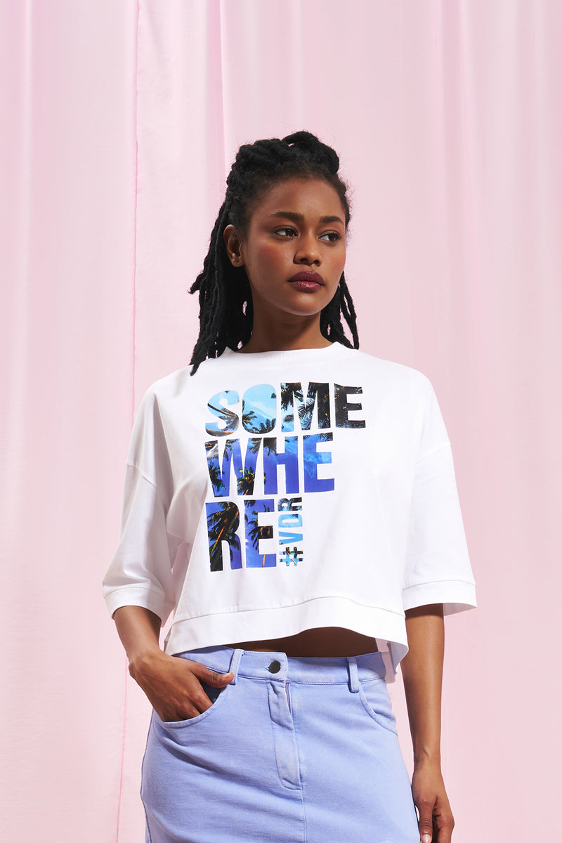 Beyaz Baskılı Crop T-shirt 17155