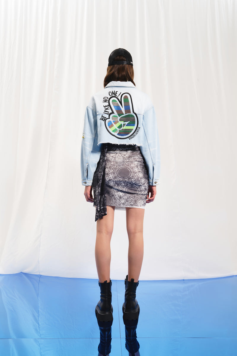Açık Mavi İşlemeli Crop Denim Ceket 17194