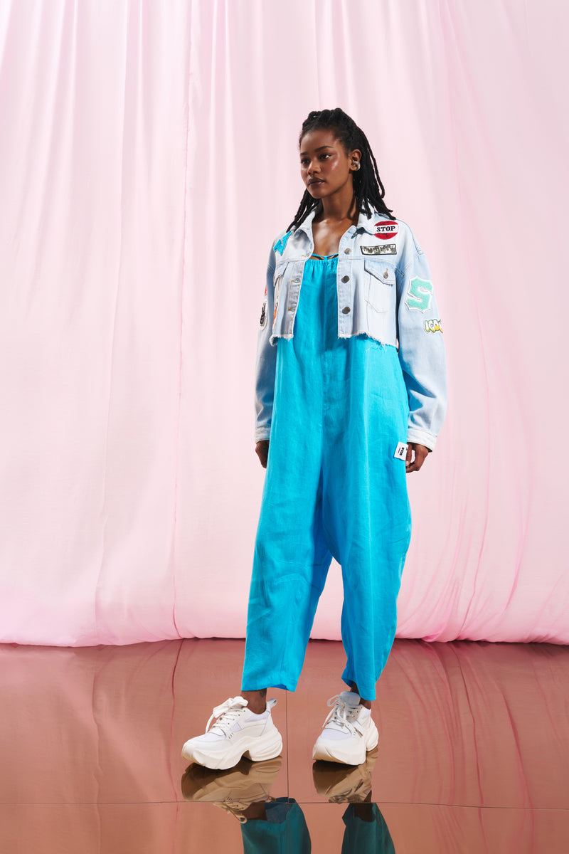 Açık Mavi İşlemeli Crop Denim Ceket 17194