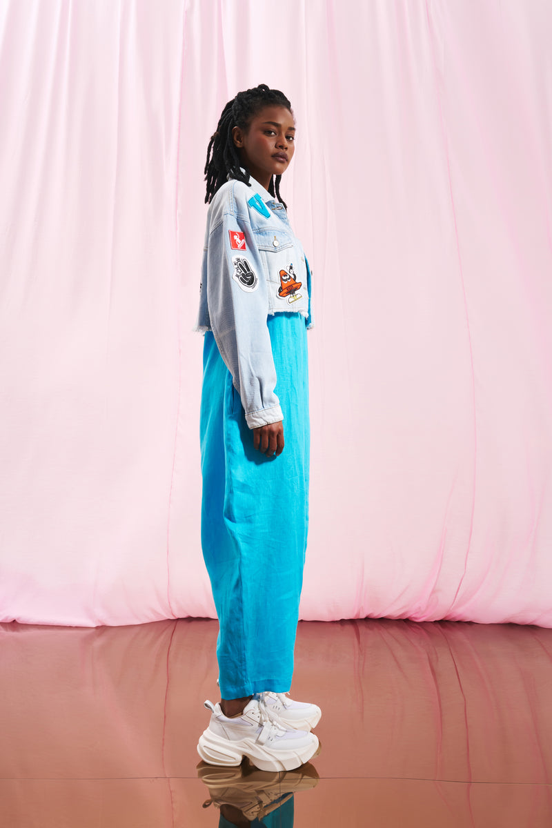 Açık Mavi İşlemeli Crop Denim Ceket 17194
