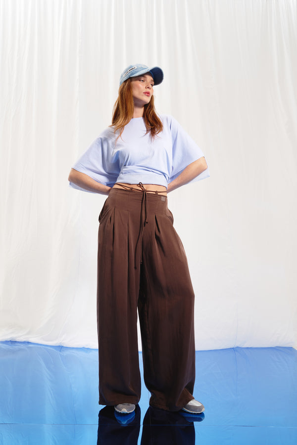 Kahverengi Piliseli Wide-Leg Pantolon 17207
