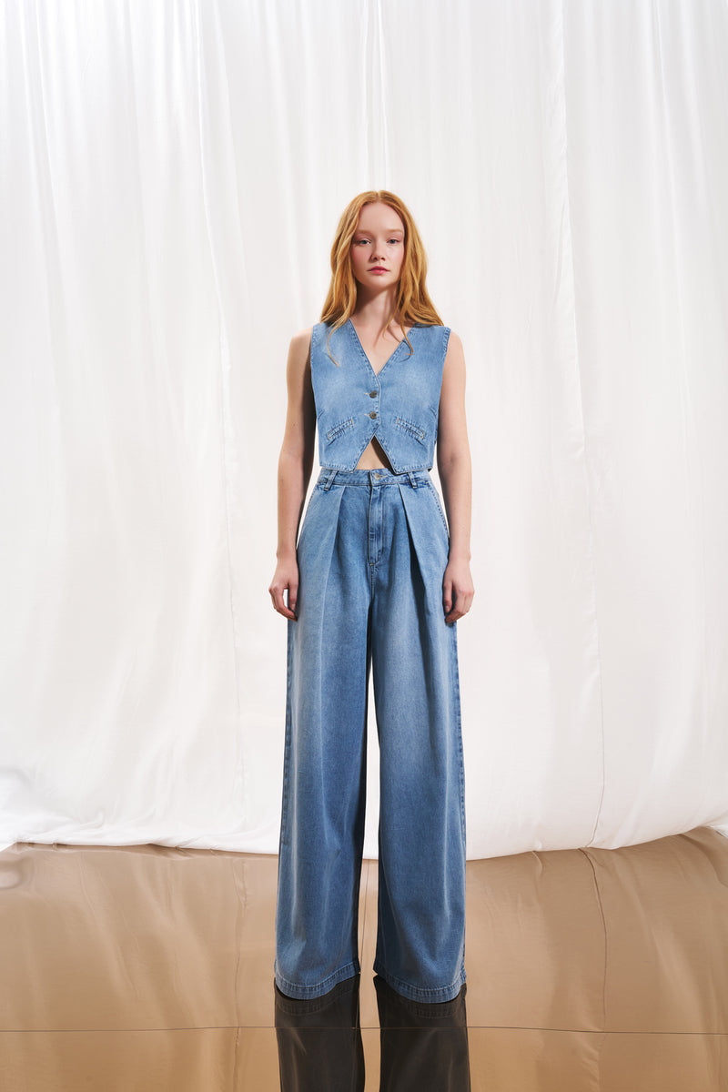 Açık Mavi Piliseli Wide-Leg Denim Pantolon 17220