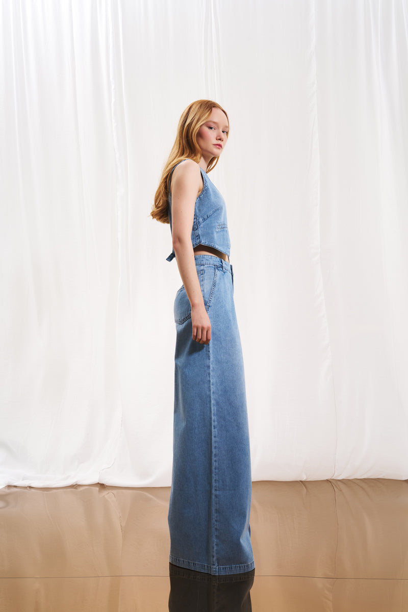 Açık Mavi Piliseli Wide-Leg Denim Pantolon 17220
